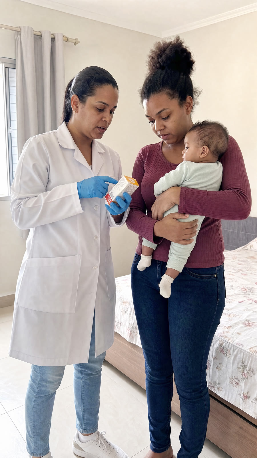 Imagem ilustrativa de uma visita domiciliar: profissional de saúde orientando a mãe sobre a medicação, com o bebê no colo dela